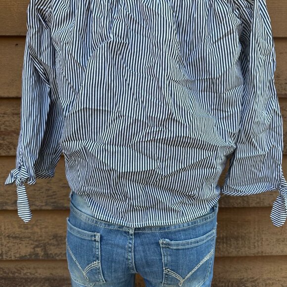 Blue & White Striped Off-The-Shoulder Blouse With Button Front & Tie Hem - Picture 9 of 9